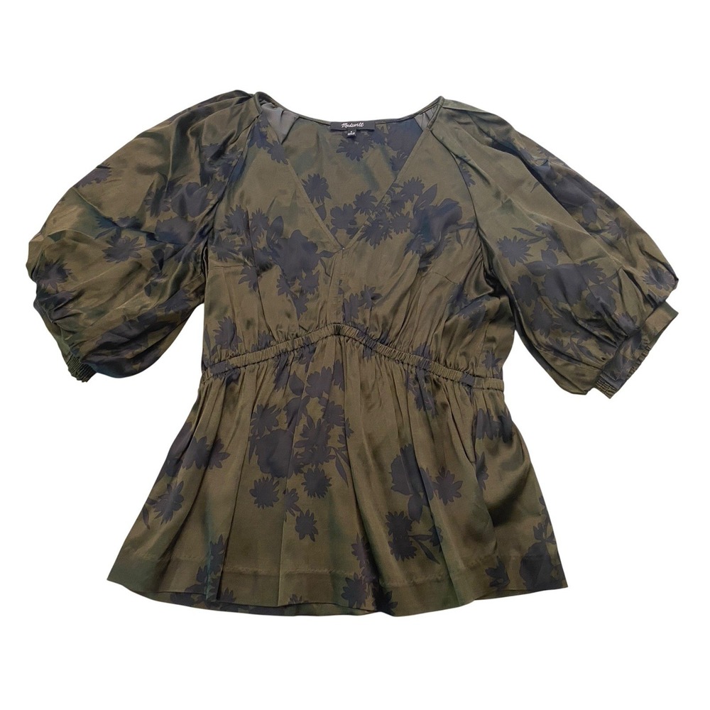 Madewell Size Small Dark Olive Green Floral Satin Puff Sleeve V-Neck Top Blouse